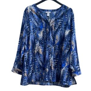 Catherines Long Blue & Tan Leaf Print Blouse Button Up Collar Plus Sz 2X (22-24)